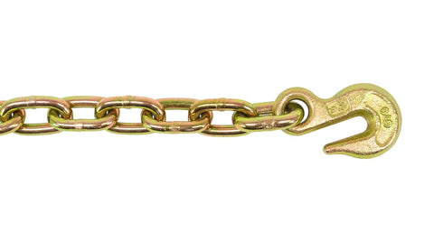 Two Ton Snatch Block With Chain For Tow Trucks And Wreckers 3 Inch Sheave Three Eighths Inch Wire Rope Grease Fittings Four Pack Interlocking Tire Skates For Rollback Wrecker Car Carrier Safety Orange showing a close-up of a G70 chain and hook