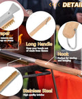 Long Reach Pizza Oven Cleaning Brush with Stainless Steel Scraper and 21 Inch Handle showing brass bristles and wood handle