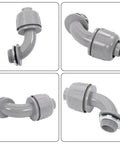 Hella Tough 1/2 Inch NPT 90 Degree RMC Conduit Connectors Bulk 60 Pack Steel Insert in gray, showing various angles and detail.