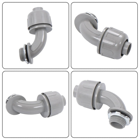 Hella Tough 1/2 Inch NPT 90 Degree RMC Conduit Connectors Bulk 60 Pack Steel Insert in gray, showing various angles and detail.