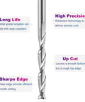 Close-up view of an Extra Long Spiral Upcut Router Bit, 4 Inch Total Length, 1/4 Inch Shank and 1/4 Inch Cutting Diameter with text annotations.