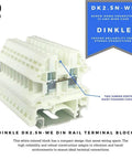 White DK2.5N-WE DIN Rail Terminal Block Screw Type 600V 20A 12-22AWG pack of 50 showing screw-down connector and jumper ports