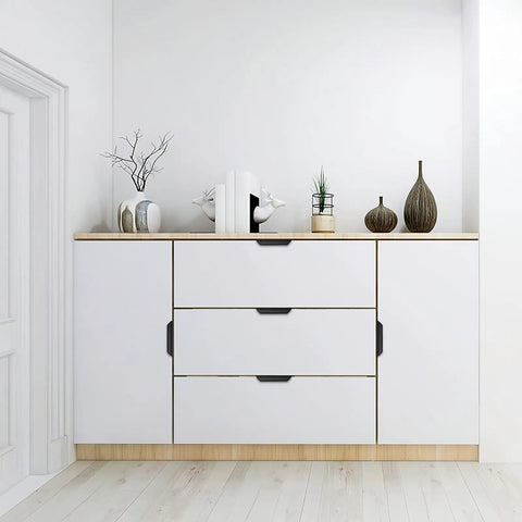 Five Piece Hidden Furniture Handles Black Edge Pulls Invisible Aluminum Alloy No Fingerprints on white cabinets
