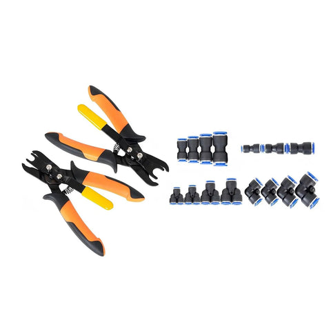 Awesome Set Of Premium Push To Connect Air Line Disconnect Tools With 15 Piece Fitting Kit For Quick Removal And Installation On All Common Pneumatic Sizes Like 1/4 Inch To 1/2 Inch Without Any Hassle. orange and black air line disconnect pliers with 15-piece push-to-connect fittings