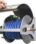 Heavy Duty Stainless Steel Garden Hose Reel Hella Smooth Retract Cart with blue hose and brass fittings for clean water storage.
