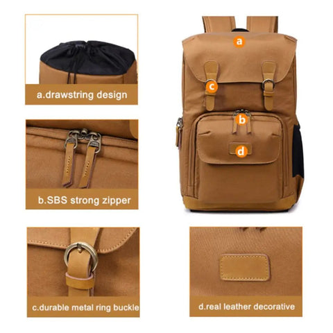 Chic Canvas Camera Backpack With Tripod Holder for Outdoor Photography showing drawstring design and strong zipper details.