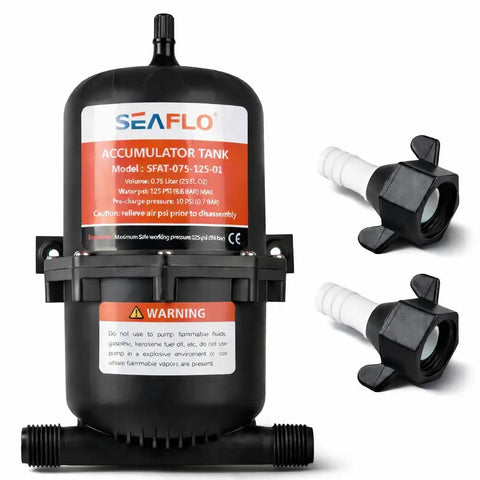 Accumulator Tank With Internal Bladder And Flow Control For Marine, RV, And Off-Grid Water Systems - 125 PSI, 0.75 L capacity, connectors