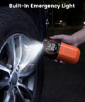 S1 Tire Inflator Portable Air Compressor Cordless Pump with LED Light inflating a car tire at night.