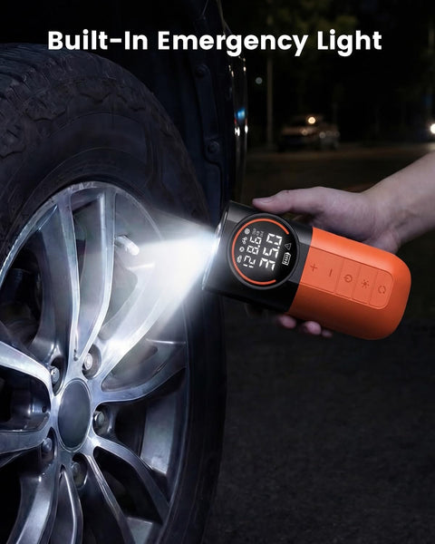 S1 Tire Inflator Portable Air Compressor Cordless Pump with LED Light inflating a car tire at night.