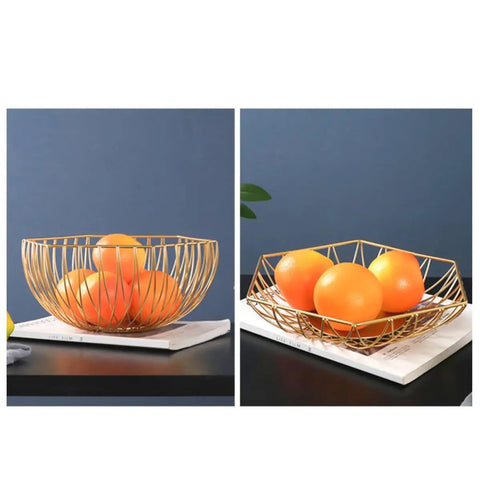 Golden Iron Fruit Basket For Fruits And Vegetables With Draining Water Feature And Geometric Wire Design Stackable Storage Organizer shown