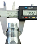 Close-up of a digital caliper measuring a component from the Beefy Heavy Duty Hydraulic Quick Disconnect Coupler Kit Eight Pack.