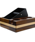 Professional Grade Wooden Espresso Knock Box And Sleek Tamping Station With Beefy Stand Base For Real Hustle Fits Standard 58mm Portafilters Home Barista Setup, walnut wood with stainless steel liner.