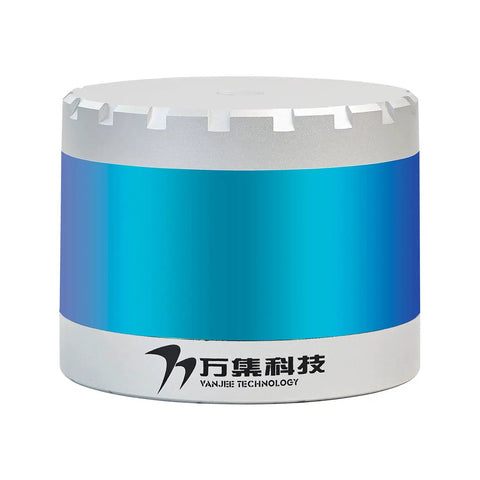 16 Line LiDAR Sensor WLR-720-HN 120m TOF Ranging For AGV AMR Outdoor Navigation Vehicle Mounted 3D LiDAR With 360 Degree Panoramic Scanning For Autopilot Systems And Autonomous Forklifts Ready For Real World Robotic Use, round white and blue device