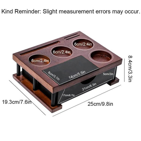 Rock Solid Premium Heavy Duty Solid Wood Espresso Knock Box With Huge Capacity And Multi Slot Layout showing detailed measurements.