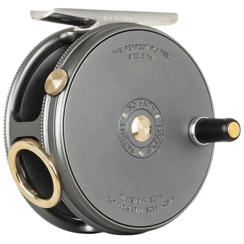 Narrow Spool Perfect Reel WF4 Plus 60 With 20lb Dacron Line, polished line guard, gun metal finish, side view