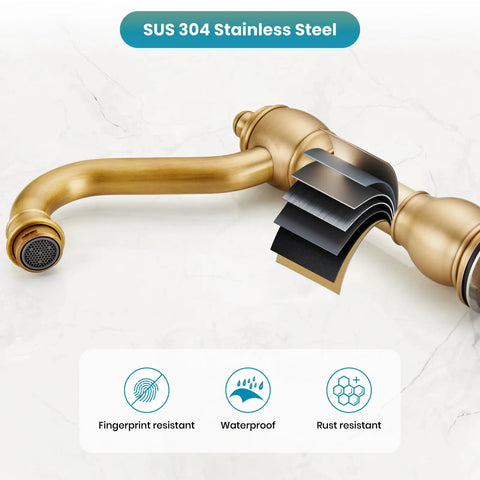 Close-up of Vintage 8 Inch Widespread Bathroom Faucet with SUS 304 stainless steel layers, showcasing fingerprint and rust resistance.