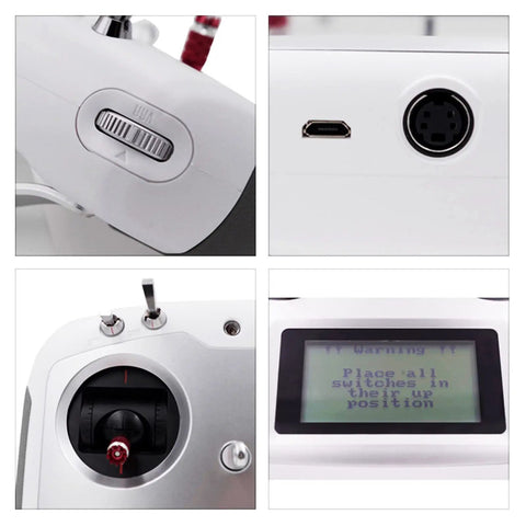 Close-up of controls on 2.4G AFHDS 2A RC Transmitter With Snappy Touchscreen 10 Channel Radio Controller, showing ports and screen display.