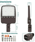 High Output LED Parking Lot Light 240W/200W/150W Adjustable, mounting accessories shown, dimensions labeled, slip fitter mount
