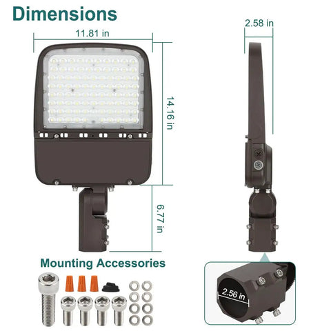 High Output LED Parking Lot Light 240W/200W/150W Adjustable, mounting accessories shown, dimensions labeled, slip fitter mount
