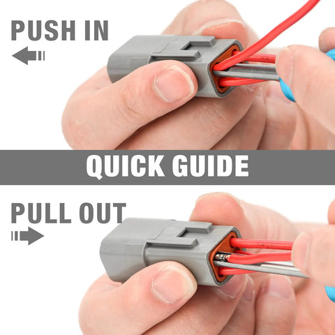Quick guide showing the Deutsch Terminal Extraction Tool Kit DT Series 3 Piece Set used for safe wire removal from connectors.