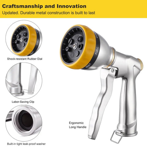 Heavy Duty Metal Hose Nozzle Sprayer With 7 Spray Patterns For High Pressure Watering And Car Wash, Zinc Alloy Construction Tough As Nails, Rust Proof And Leak Free, Shock Resistant Rubber Dial For Plants, Lawns, Patios, And Pets