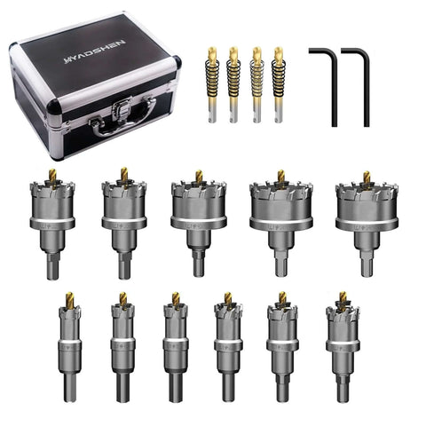 HYADSHEN 17-piece hole saw kit with metal case, tungsten carbide saws, pilot bits and L-wrenches