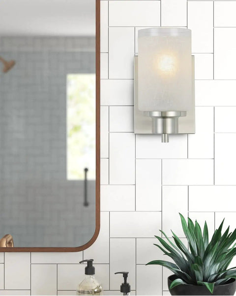 2 Pack Dope Modern Vanity Light Fixtures Wall Sconces With White Linen Frosted Glass Shades And Brushed Nickel Finish indoors