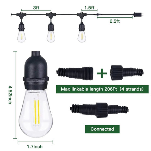Diagram of 52 Foot Dimmable LED Outdoor String Lights with measurements and connector features highlighted.