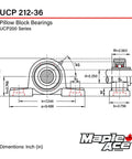 Technical drawing of heavy duty pillow block bearing set with dimensions, UCP21236 style, self aligning two bolt flange.