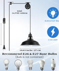 Diagram showing Industrial Vintage Plug In Pendant Lights Pack Of 4 With 14.76ft Cord And On Off Switch E26 E27 Socket details