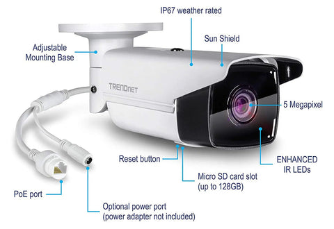 Dope 5MP Indoor Outdoor PoE Security Camera With 80m Night Vision, Weatherproof IP67 Housing showing ports and features