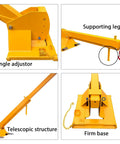 Forklift Jib Boom Crane With 6000 Lb Capacity, Adjustable Telescopic Boom, Dual Hook Hoist, 0 To 75 Degree Tilt, Rock Solid Steel Mobile Crane Rig, Smooth Towing And Load Shifting Attachments details including angle adjustor, supporting leg, telescopic structure, and firm base.