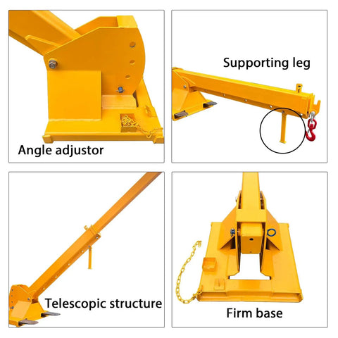 Forklift Jib Boom Crane With 6000 Lb Capacity, Adjustable Telescopic Boom, Dual Hook Hoist, 0 To 75 Degree Tilt, Rock Solid Steel Mobile Crane Rig, Smooth Towing And Load Shifting Attachments details including angle adjustor, supporting leg, telescopic structure, and firm base.