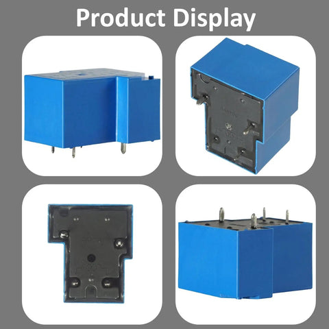 Compact 12V DC General Purpose Relay With 30A NO Switching, Four Pin Coil, Sealed Design in blue housing, multi-angle view