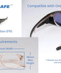 Guardian OTG Glassblowing Safety Glasses Shade 3 With Grilamid TR-90 Frame shown over regular eyewear, fitting guide included.