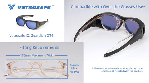 Guardian OTG Glassblowing Safety Glasses Shade 3 With Grilamid TR-90 Frame shown over regular eyewear, fitting guide included.