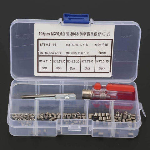 105 Piece Stainless Steel Threaded Inserts Repair Kit For Aluminum And Plastic, Wire Insert Installation Set, M3 X 0.5 Internal Thread