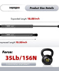 Heavy Duty Gas Lift Struts For Pickup Truck Camper Shell Smooth Rear Window Canopy Support Set That Swaps In No Sweat 18 Inch Extended Length 35 Lbs Force Fits Leer Are Snugtop Bed Tops size details, 18 inch expanded, 10.5 inch compressed.