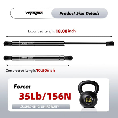 Heavy Duty Gas Lift Struts For Pickup Truck Camper Shell Smooth Rear Window Canopy Support Set That Swaps In No Sweat 18 Inch Extended Length 35 Lbs Force Fits Leer Are Snugtop Bed Tops size details, 18 inch expanded, 10.5 inch compressed.