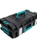 No Sweat Stackable Toolbox With Secure Latch And Custom Gear Sorting Tray Setup, heavy-duty black ABS, compact with teal accents.