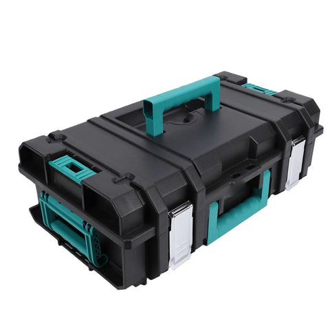 No Sweat Stackable Toolbox With Secure Latch And Custom Gear Sorting Tray Setup, heavy-duty black ABS, compact with teal accents.