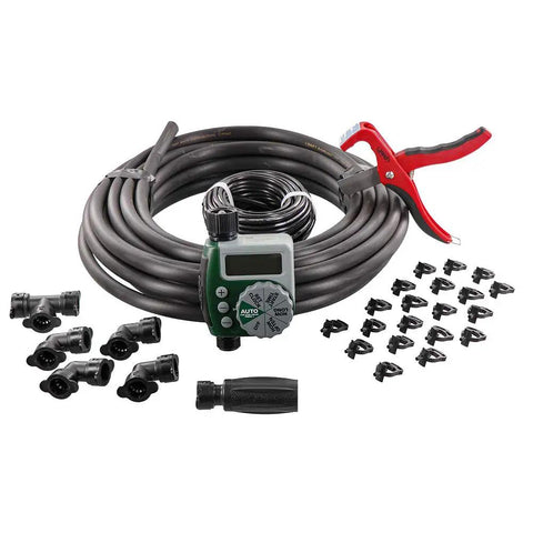Automatic Garden Box Irrigation System Kit With 64 Sq Ft Coverage Digital Hose Timer, connectors, tubing, and mounting clamp