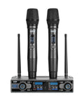 Dual Wireless Microphone System For Live Performances With 262 Feet Range And 90 UHF Preset Frequencies, two handheld mics on base