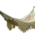 Handmade Cotton Woven Hammock Chair With Rope Swing And Crochet Fringe For Indoor Outdoor Patio Backyard Garden Boho Vibes Natural White