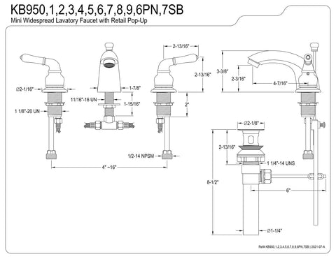 Technical diagram of 4 Inch To 8 Inch Mini Widespread Lavatory Faucet With Metal Lever Handle In Polished Brass And Brushed Nickel Finish No Drip Washerless Cartridge Half Inch 14 NPSM Connection 1.2 GPM At 60 PSI Deck Mount 3 Hole Installation Includes All Mounting Hardware