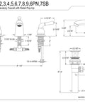 Technical drawing of Victorian Mini Widespread Lavatory Faucet With Pop Up Drain, Polished Brass, Solid Brass Construction