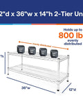 Chrome Wire Shelving Unit 12 Inch Deep By 36 Inch Wide With Two Tier Shelves Heavy Duty Steel Rack Adjustable Posts Each Shelf Up To 500 Lbs NSF Certified For Indoor Dry Storage Garage Ready Pantry Setup, 12x36x14"