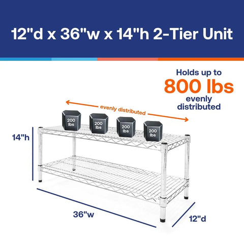 Chrome Wire Shelving Unit 12 Inch Deep By 36 Inch Wide With Two Tier Shelves Heavy Duty Steel Rack Adjustable Posts Each Shelf Up To 500 Lbs NSF Certified For Indoor Dry Storage Garage Ready Pantry Setup, 12x36x14"
