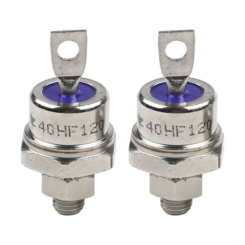 Pack Of Two Built Tight Stud Mount Diode Rectifiers Rated 40 Amps And 1200 Volts, featuring metallic casing and threaded mounts.