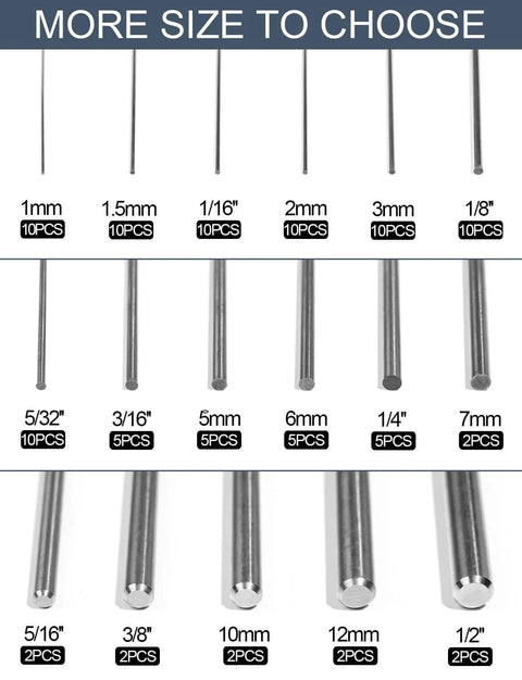 Durable 10mm 304 Stainless Steel Round Rods 12 Inch 305mm Solid Metal Rods for DIY Crafts Metalworking and Industrial Projects Corrosion Resistant 2 Pack shown with various sizes.